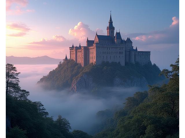 Ancien château majestueux au lever du soleil, évoquant des siècles d'histoire et de patrimoine